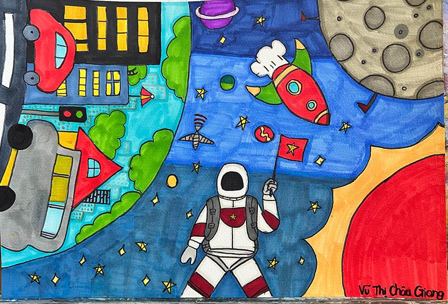 航天日绘画作品《遨游星海》,越南武氏珠江 航天日绘画作品《遨游星海》,越南武氏珠江